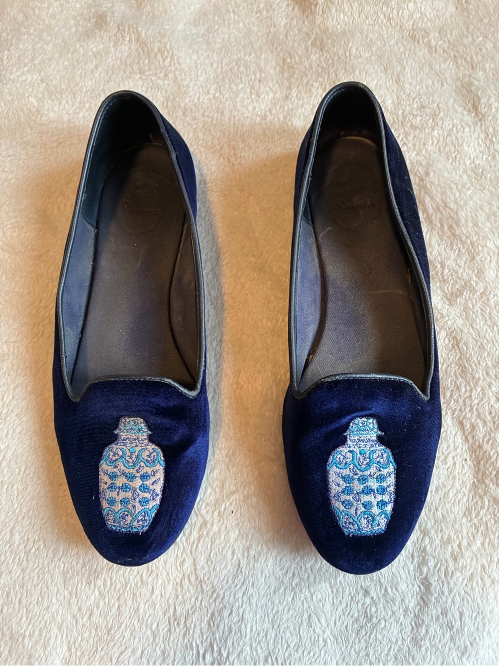 Jack Rogers Navy Velvet Embroidered Loafers with Blue Motif